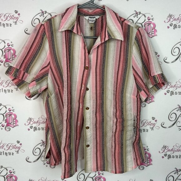 Alia button up stripes green black Pink and White Striped Button Down Shirt - Picture 1 of 8